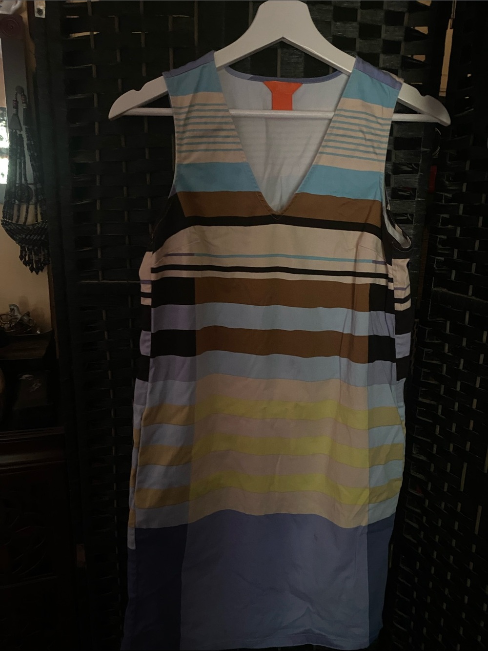 Sleeveless V-Neck Striped Midi Dress in Blue, Brown & Cream